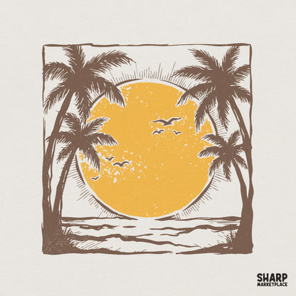 Vintage tropical sunset PNG with a distressed golden sun, palm trees, and birds inside a square border, perfect for sublimation and apparel.