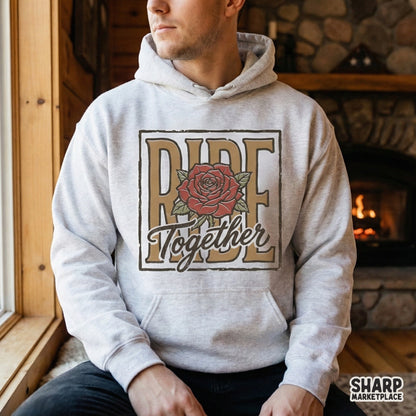 Retro-style motorcycle graphic for DIY projects, featuring a bold red rose, tan block letters reading RIDE, and flowing script text for custom apparel.