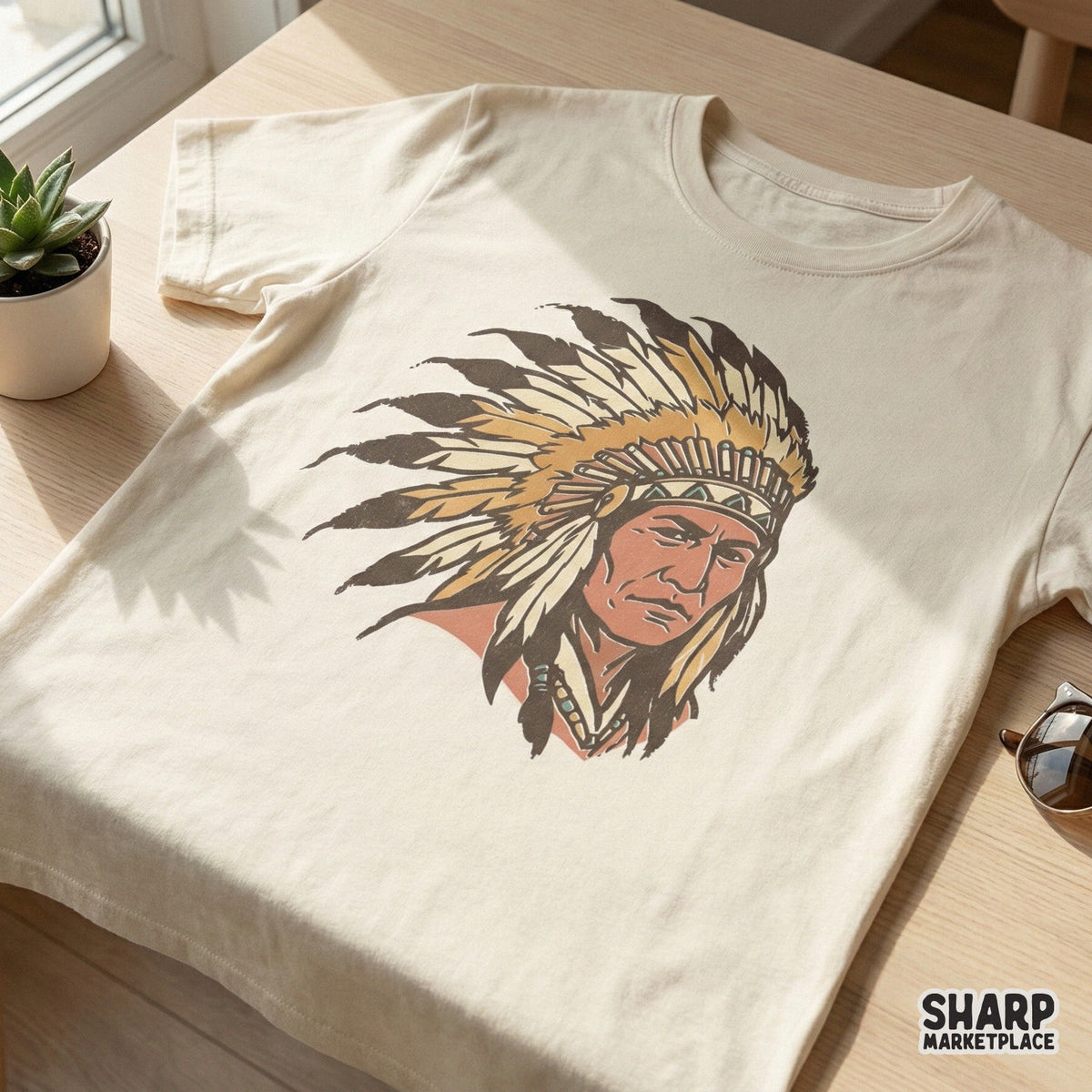A vintage-inspired digital design of a tribal chief in a feathered headdress printed on a light-colored t-shirt, featuring a weathered retro aesthetic.