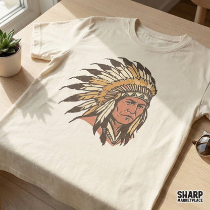 A vintage-inspired digital design of a tribal chief in a feathered headdress printed on a light-colored t-shirt, featuring a weathered retro aesthetic.