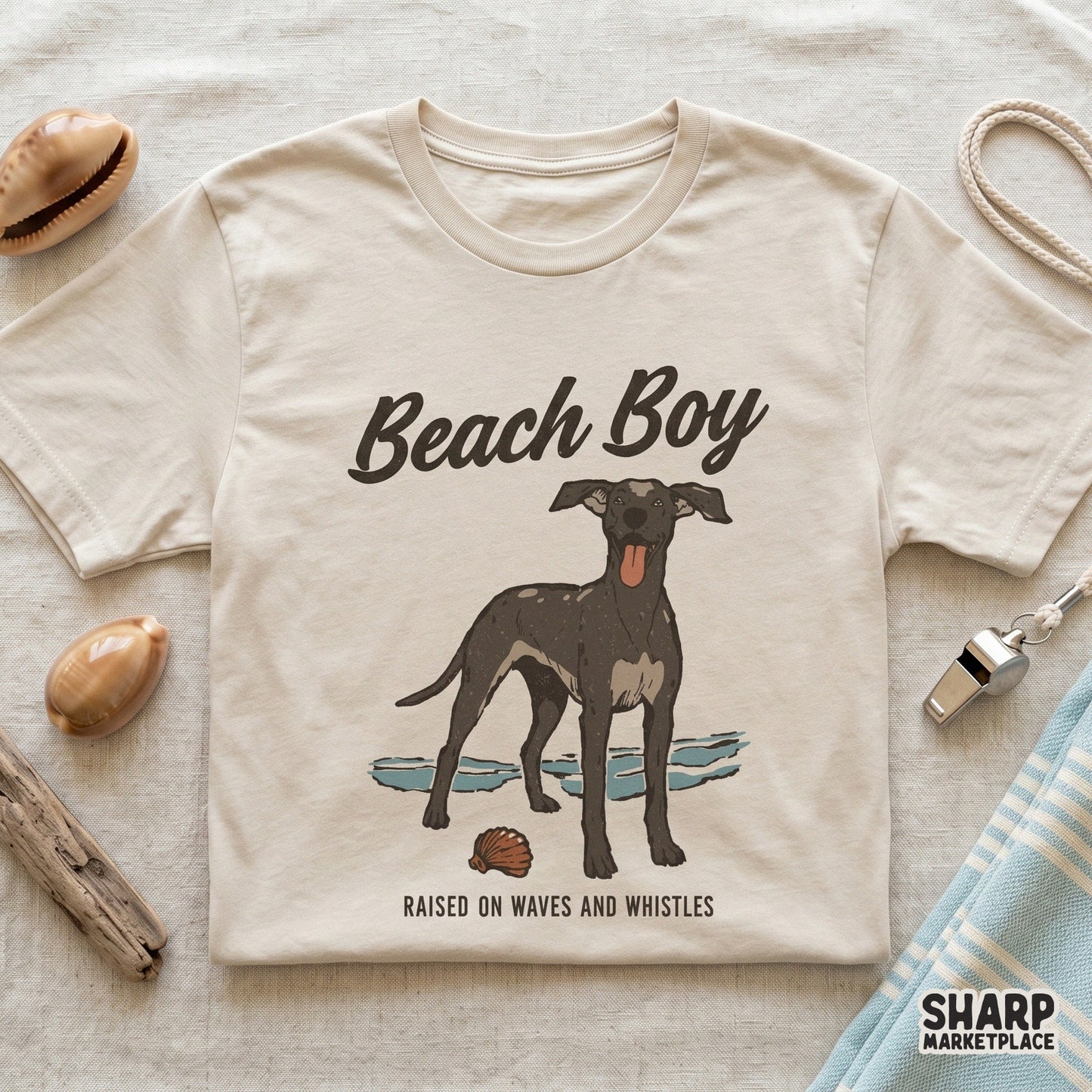 Hand-drawn dog art with beach aesthetic and the words Raised On Waves And Whistles, a versatile digital file for DIY summer crafts and apparel.