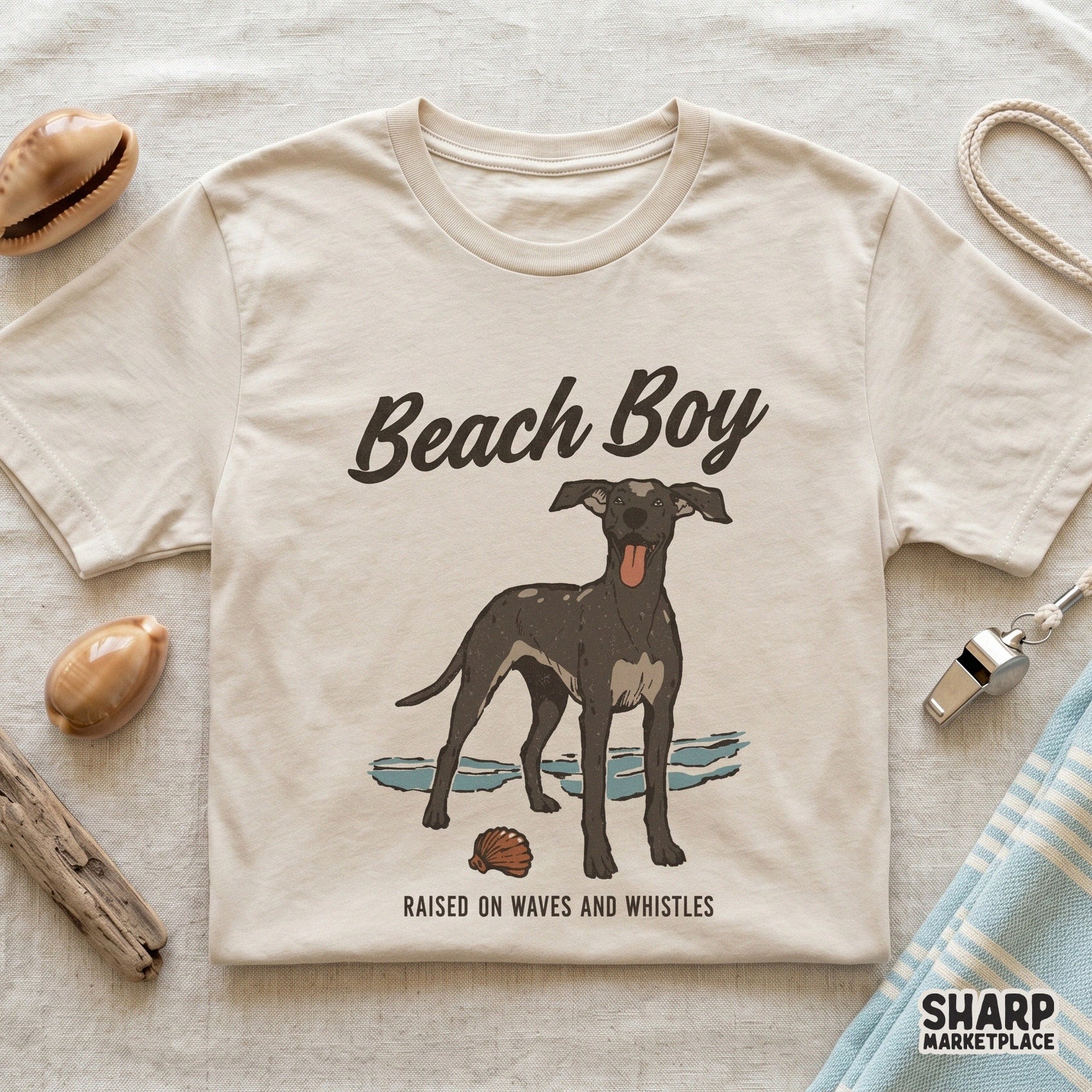 Hand-drawn dog art with beach aesthetic and the words Raised On Waves And Whistles, a versatile digital file for DIY summer crafts and apparel.