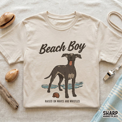 Hand-drawn dog art with beach aesthetic and the words Raised On Waves And Whistles, a versatile digital file for DIY summer crafts and apparel.