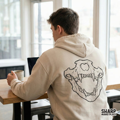 Bold prehistoric animal skull line drawing with massive canine teeth, ideal for custom tumbler wraps, heat transfers, and dark aesthetic apparel.
