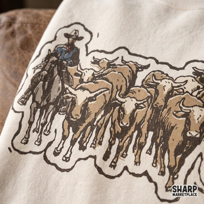 Vintage western cattle drive graphic print for a cowboy shirt and rodeo tee sublimation design