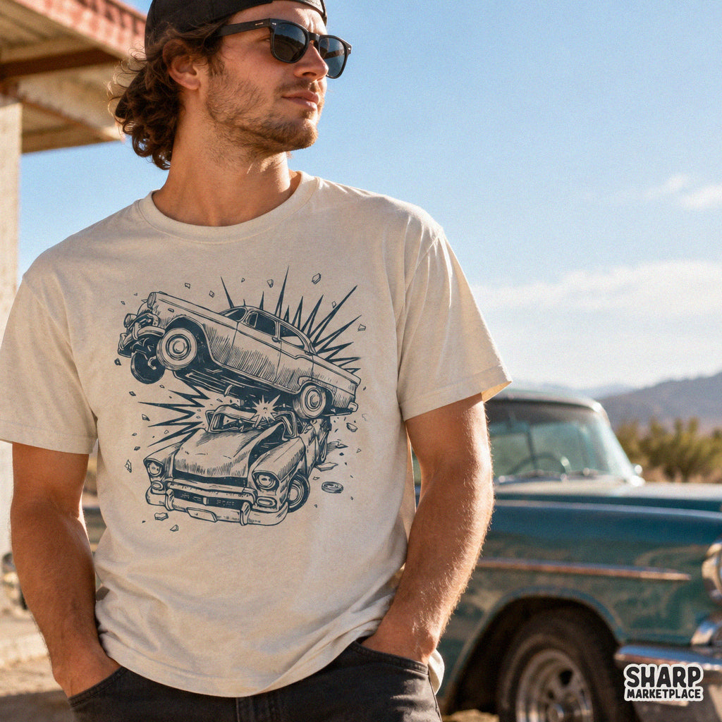 Vintage retro cars crashing mid air with flying debris and sparks action scene PNG graphic for sublimation printing