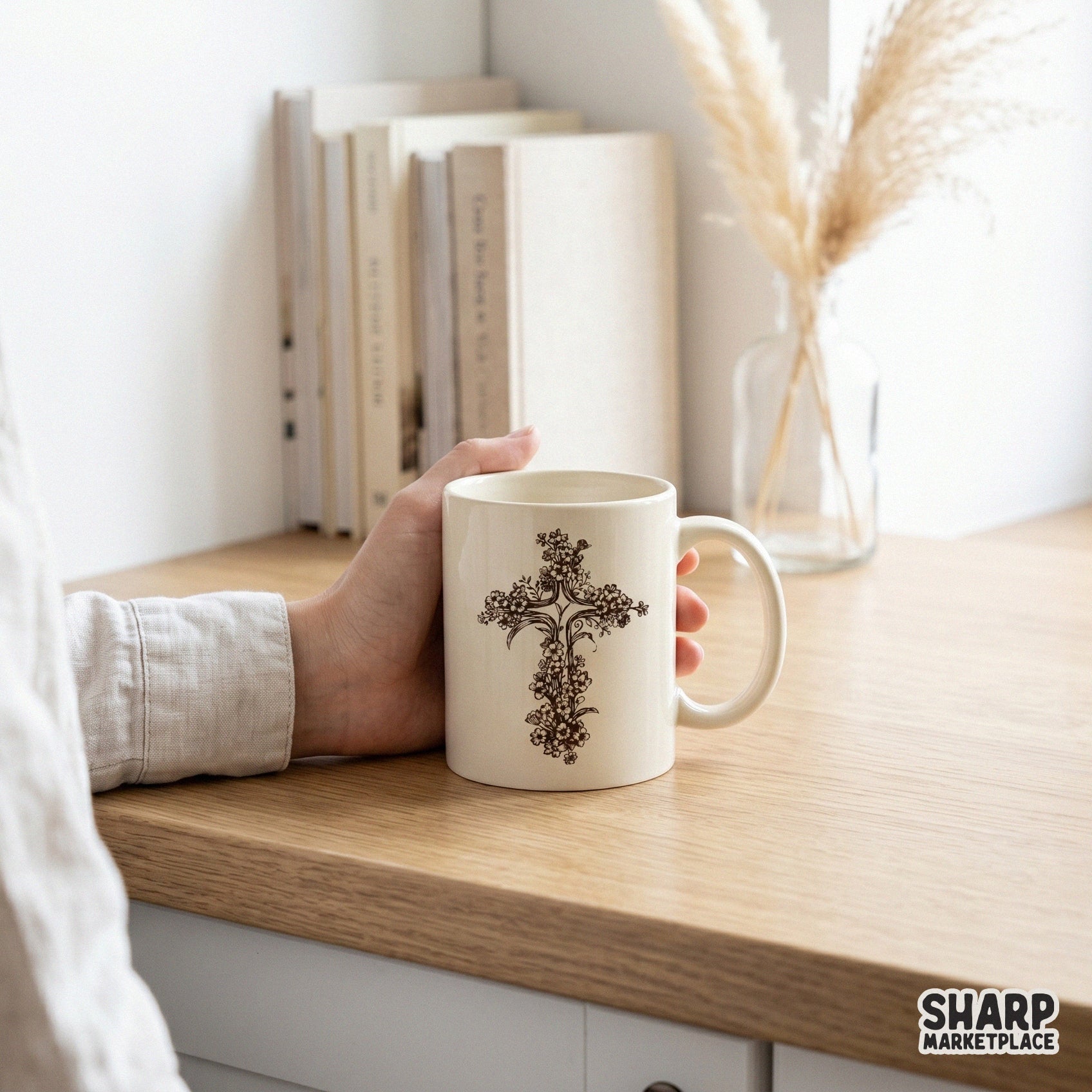 Vintage-style floral cross design featuring intricate wildflower details, perfect for sublimation on tumblers, apparel, or faith-based DIY crafts.