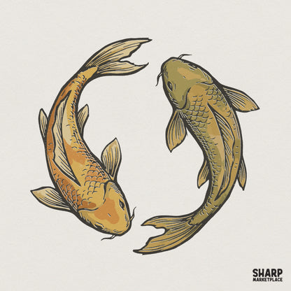 Koi Fish Art PNG, Japanese Tattoo Style Clipart - 300 DPI Design for