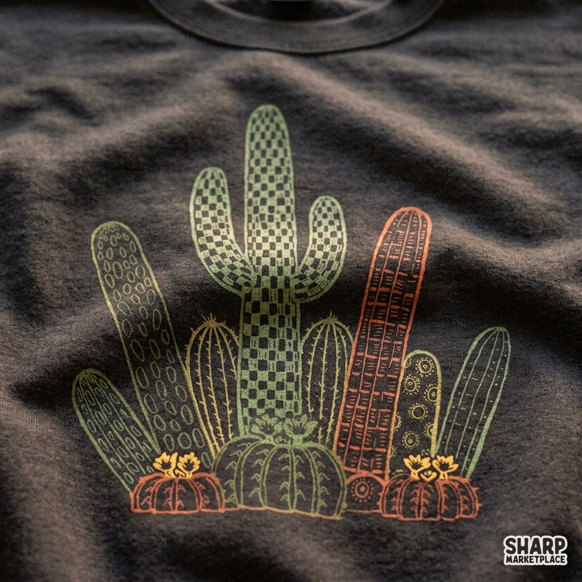 Vintage green desert cactus cluster graphic for boho western sublimation and country apparel designs