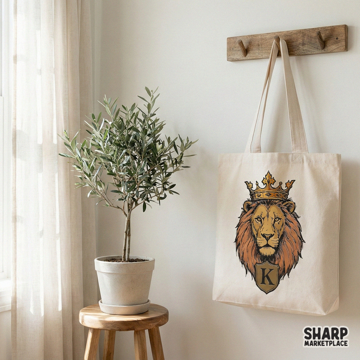 Detailed hand-drawn lion king design with a crown and letter K shield, suitable for DIY heat transfer projects, tumblers, and home decor.