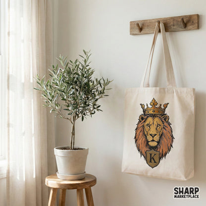 Detailed hand-drawn lion king design with a crown and letter K shield, suitable for DIY heat transfer projects, tumblers, and home decor.