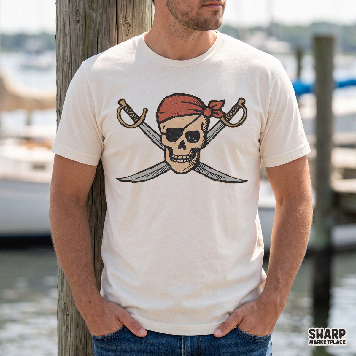 Vintage pirate skull and crossed swords PNG sublimation design for Halloween shirts and t-shirt printing