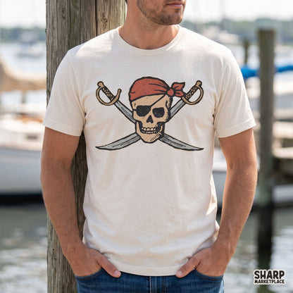 Vintage pirate skull and crossed swords PNG sublimation design for Halloween shirts and t-shirt printing