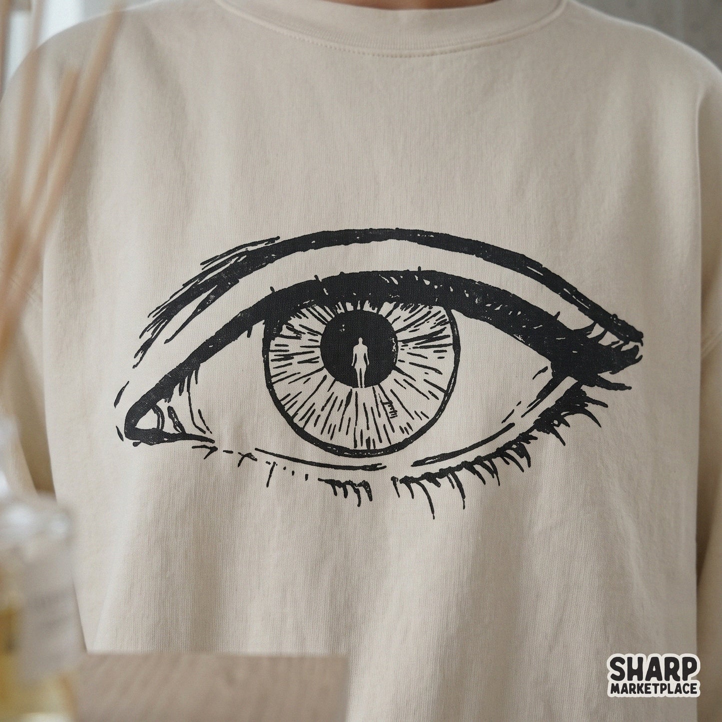 Surreal hand drawn eye with silhouette retro horror png shirt design for dark aesthetic sublimation templates