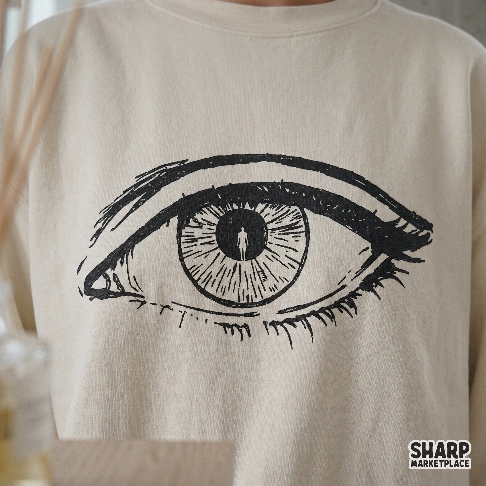 Surreal hand drawn eye with silhouette retro horror png shirt design for dark aesthetic sublimation templates
