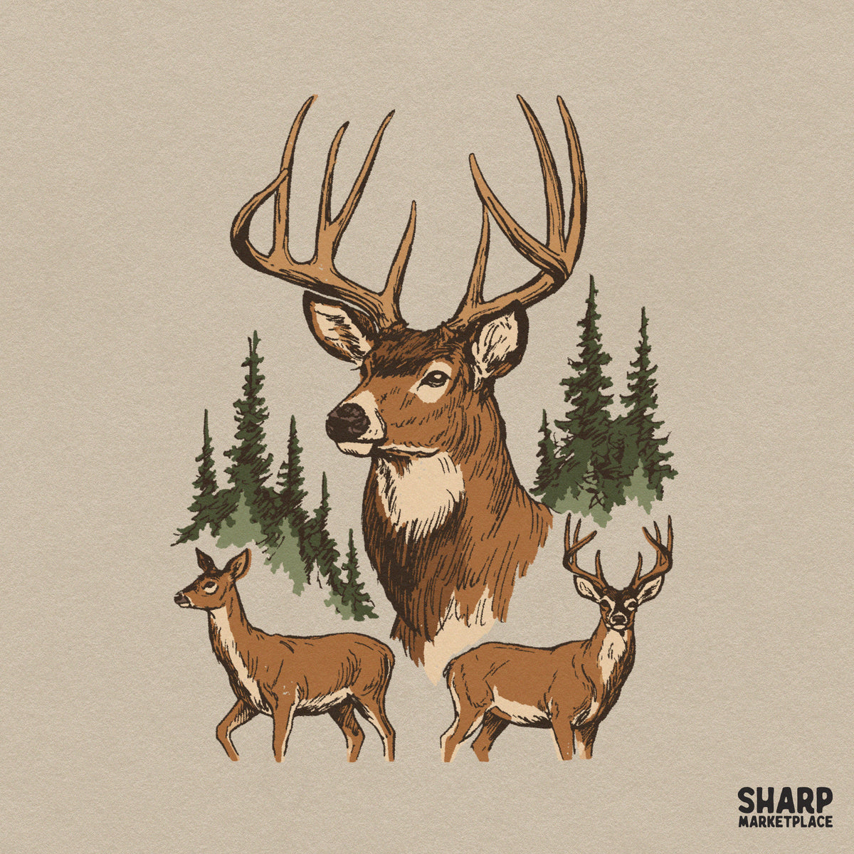 Vintage buck and deer in a pine forest sublimation design for fall and hunting t-shirts