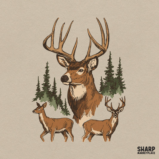Vintage buck and deer in a pine forest sublimation design for fall and hunting t-shirts