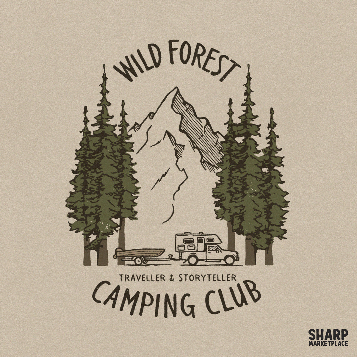 Retro wild forest traveller camping club design with a mountain camper van, perfect for lake life shirt sublimation
