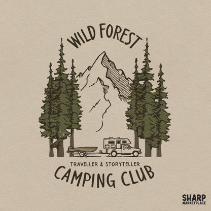 Retro wild forest traveller camping club design with a mountain camper van, perfect for lake life shirt sublimation