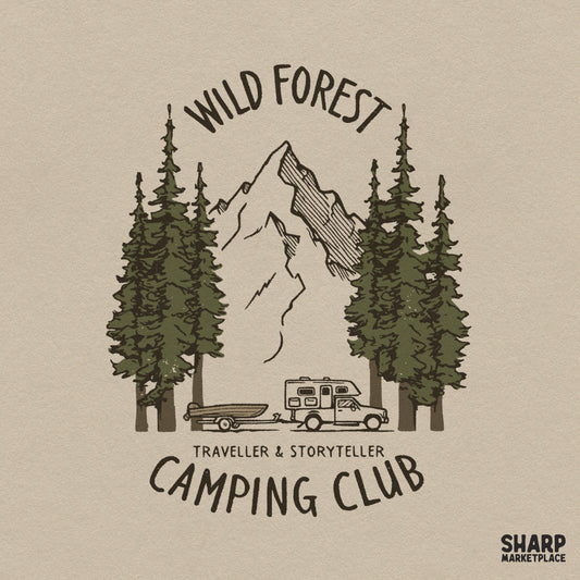 Retro wild forest traveller camping club design with a mountain camper van, perfect for lake life shirt sublimation