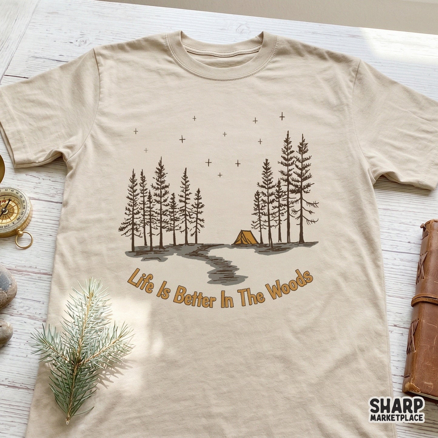 Life Is Better In The Woods retro stars and woodland scene camping PNG for hiking trail and outdoor adventure apparel designs