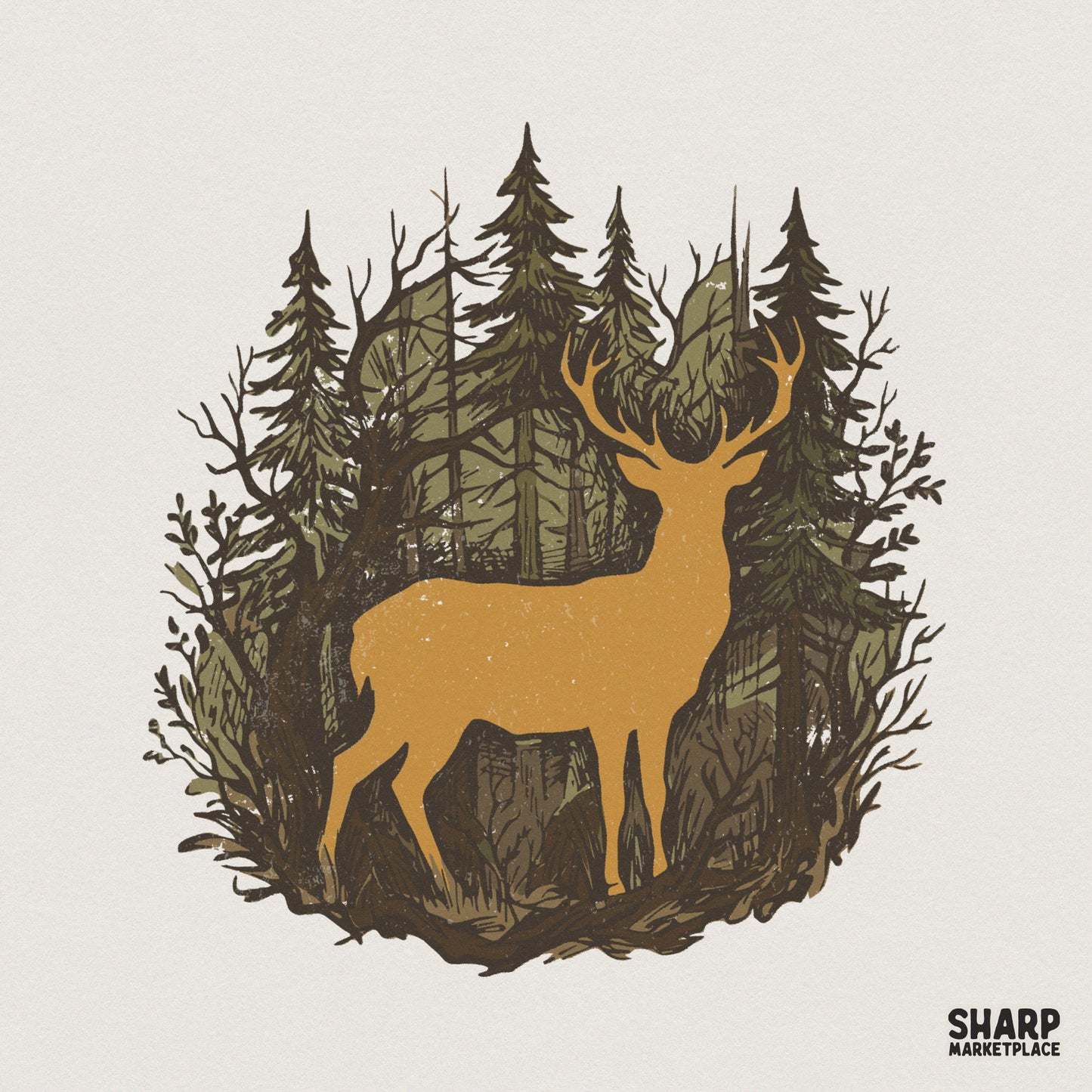 Rustic woodland stag silhouette in a forest of pine trees, rendered in earthy olive, ochre, and brown tones for nature-themed apparel and sublimation.