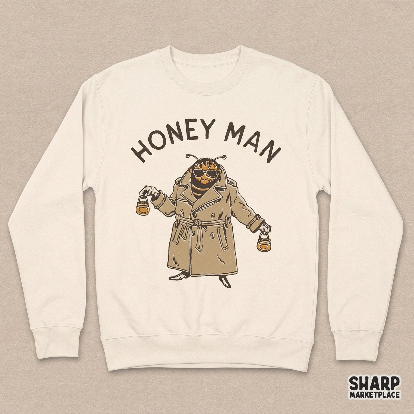 Funny honey bee man in a trench coat holding pots sarcastic retro animal meme sticker png design
