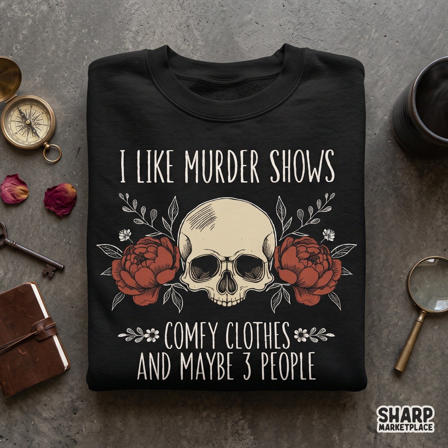 Sarcastic skull graphic for true crime lovers with retro floral accents for sublimation and custom t-shirt designs