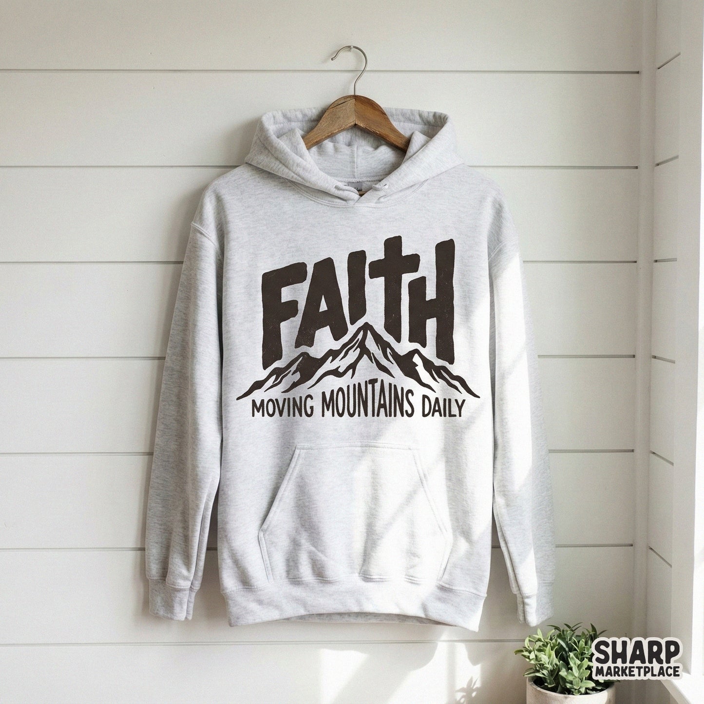 Inspirational religious graphic with mountain artwork and bold text for DIY faith-based projects, stickers, tumblers, and custom apparel designs.