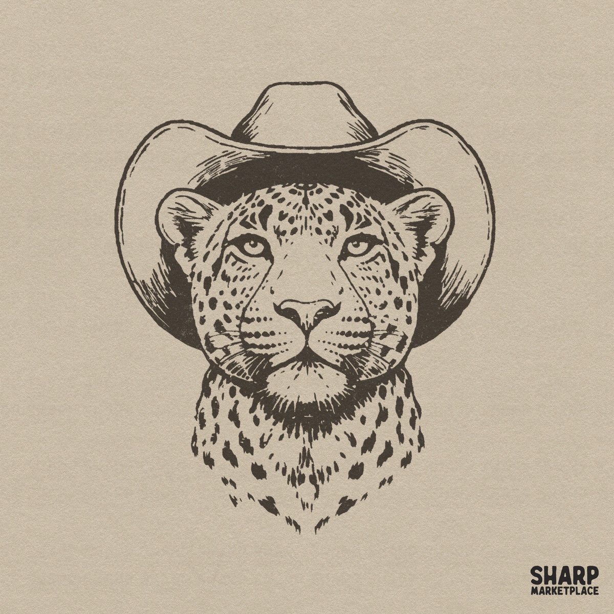 Hand-drawn digital illustration of a stoic leopard wearing a wide brim cowboy hat in a rustic monochrome style for western apparel designs.