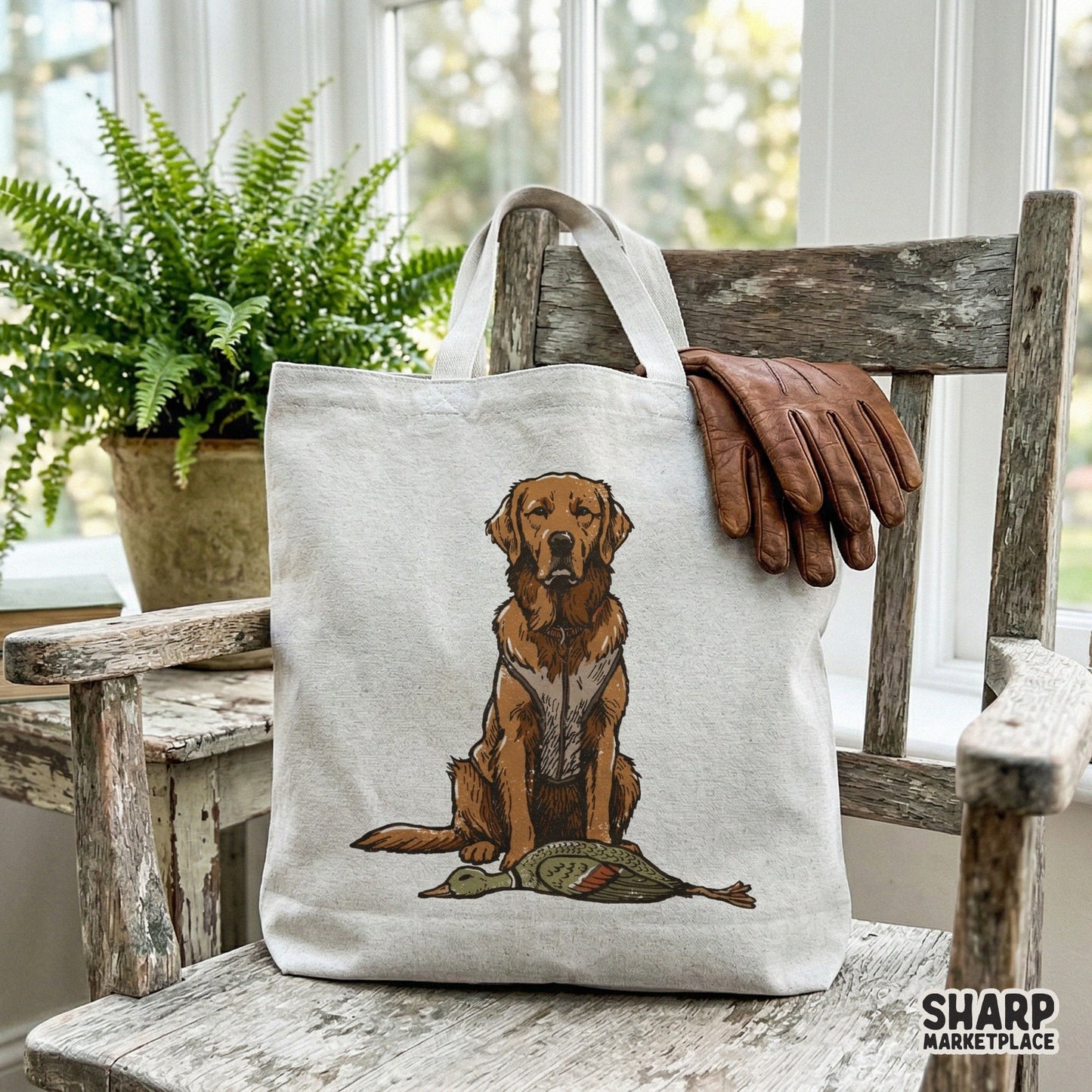 Hand drawn golden retriever hunting companion with a harvested mallard, ideal for creating custom outdoor shirts, stickers, or sportsman wall art.