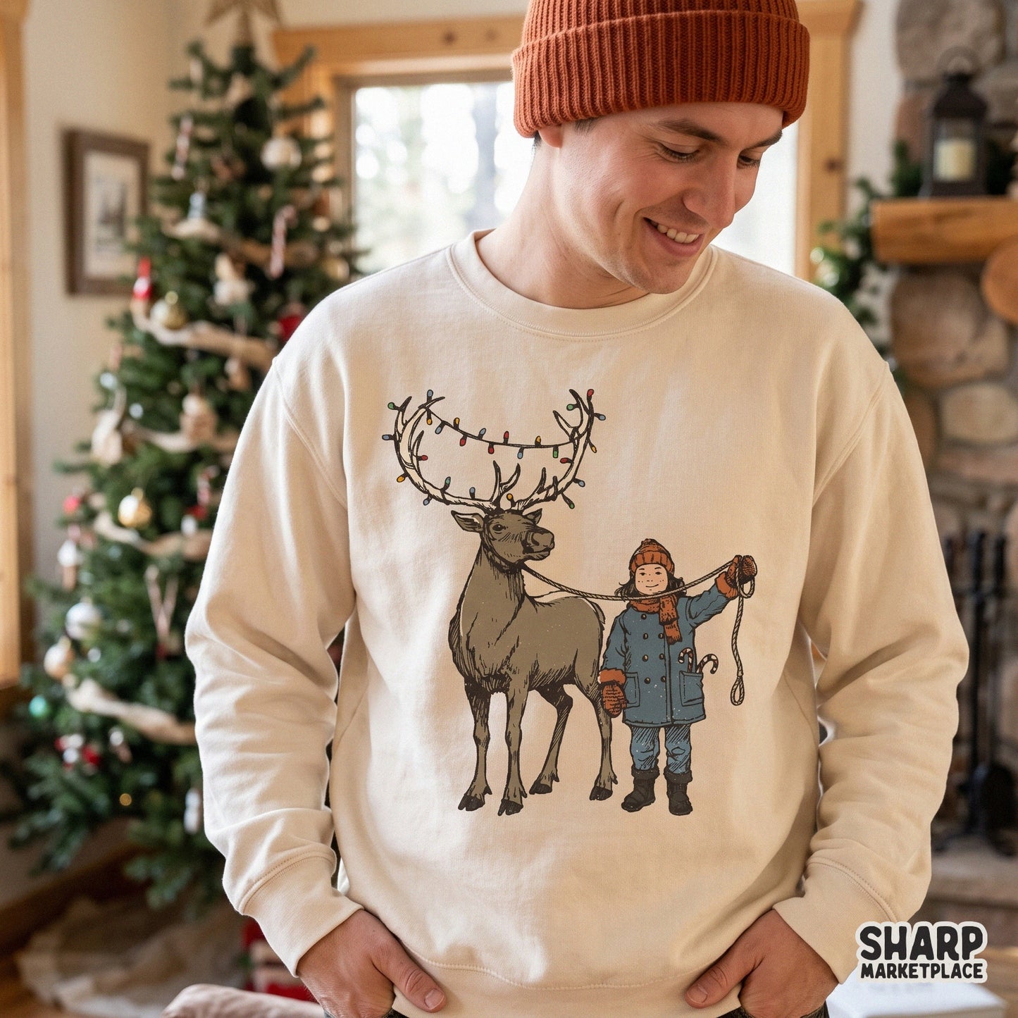 Vintage retro kid and reindeer Christmas PNG with holiday lights for cozy season shirt sublimation and winter crafts