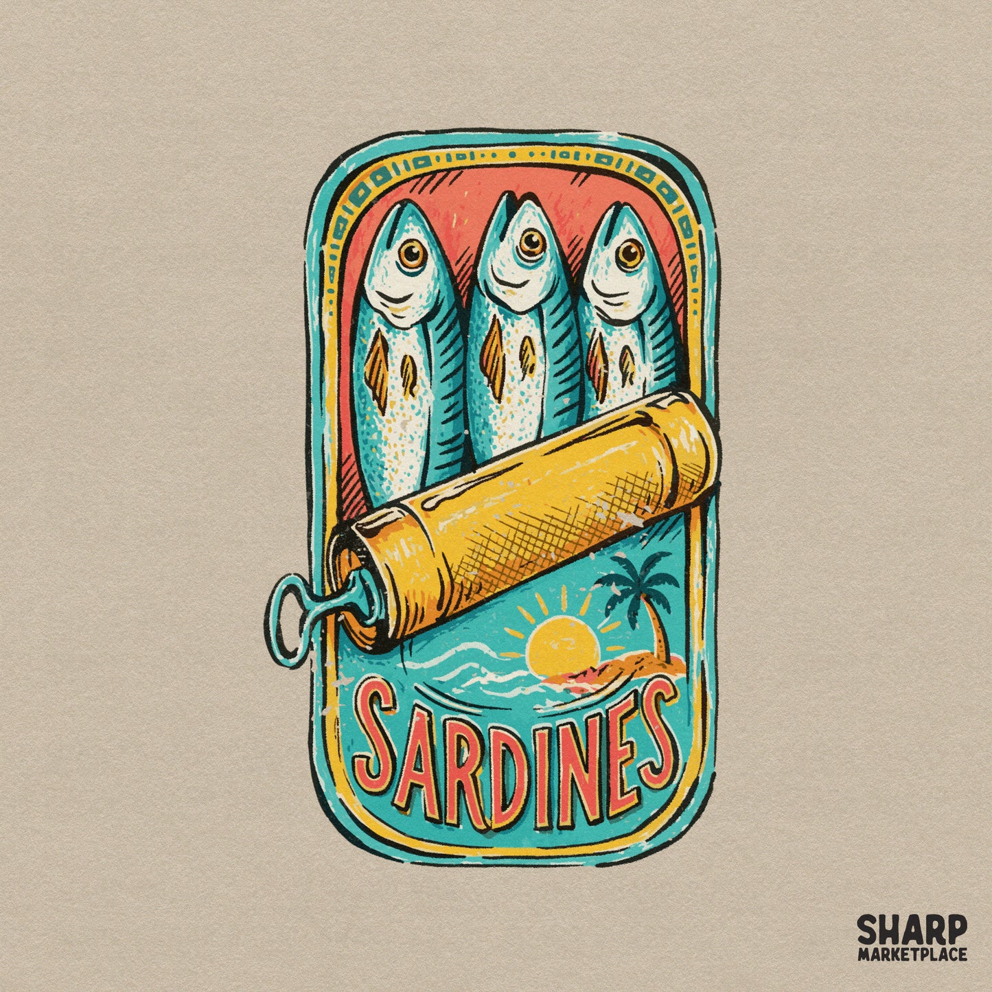 Retro sardines tin illustration featuring three fish in a can, a tropical beach scene with a palm tree, and the word Sardines in a distressed font.