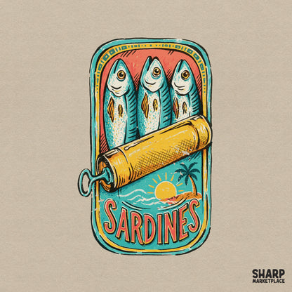 Retro sardines tin illustration featuring three fish in a can, a tropical beach scene with a palm tree, and the word Sardines in a distressed font.