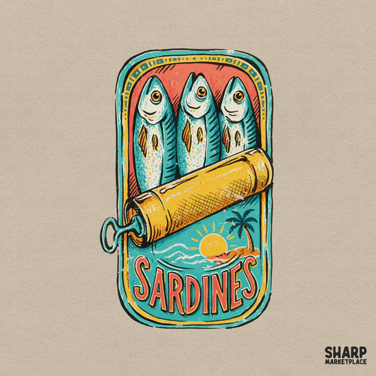 Retro sardines tin illustration featuring three fish in a can, a tropical beach scene with a palm tree, and the word Sardines in a distressed font.
