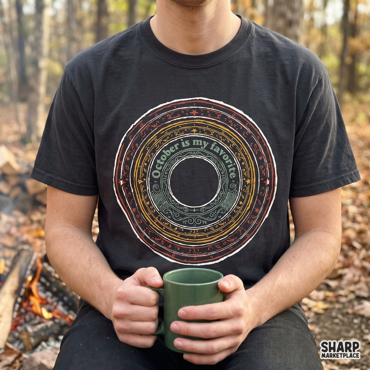 Retro autumn sun mandala design with October Is My Favorite text for fall halloween apparel and spooky season crafts