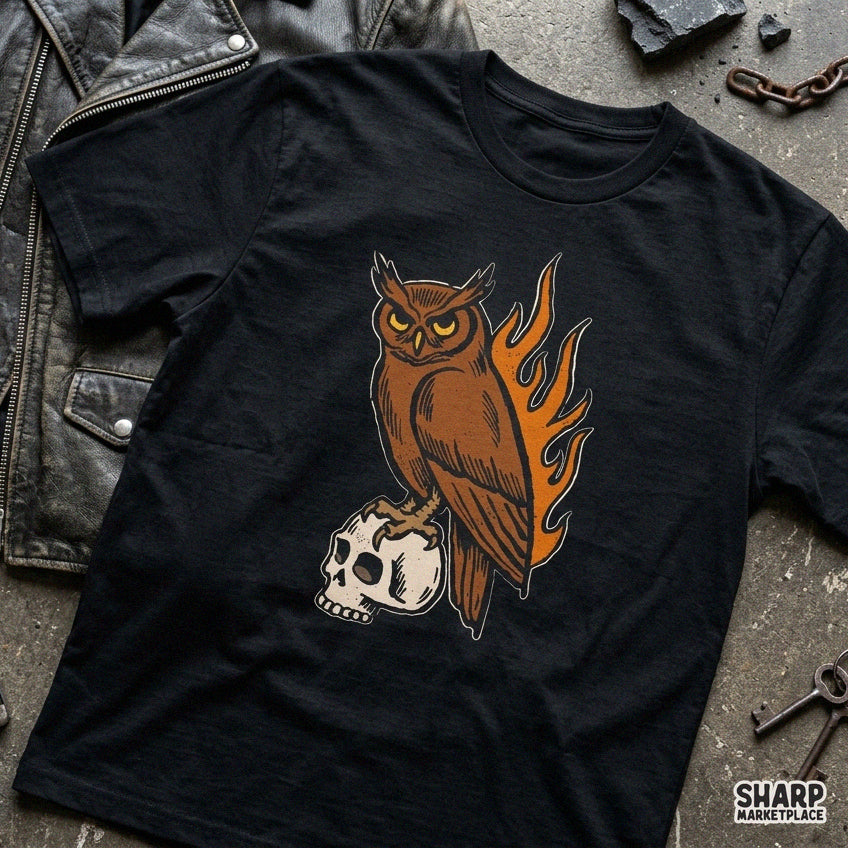 Gothic tattoo style owl perched on a skull with flaming fire background for shirt sublimation design
