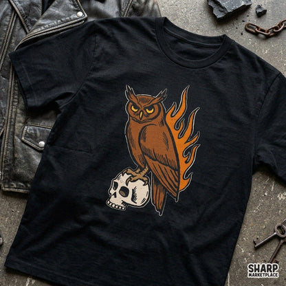Gothic tattoo style owl perched on a skull with flaming fire background for shirt sublimation design