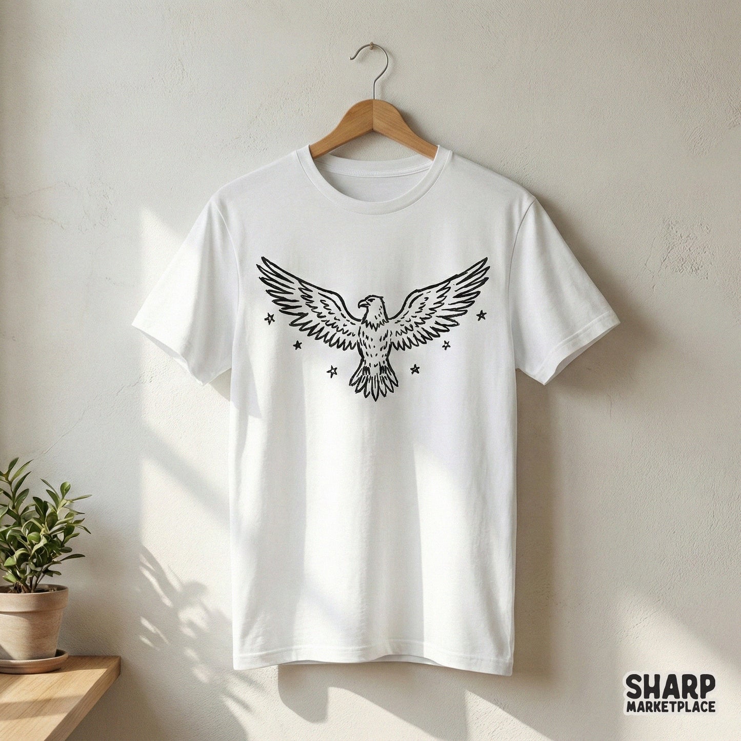 Digital black and white illustration of a soaring eagle surrounded by stars, designed as a high-resolution transparent file for stickers and wall art.