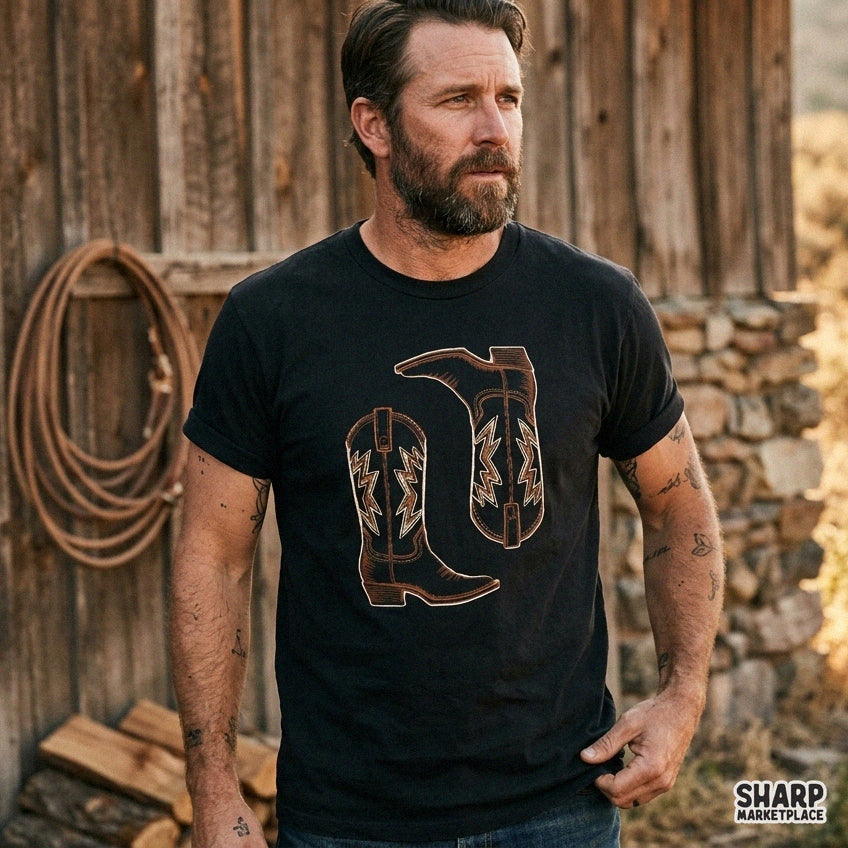 Brown leather western cowboy boots with traditional stitching retro cowgirl PNG graphic for country music shirts