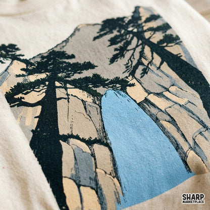 Vintage national park canyon waterfall and pine forest art png design for camping shirts and summer lake life