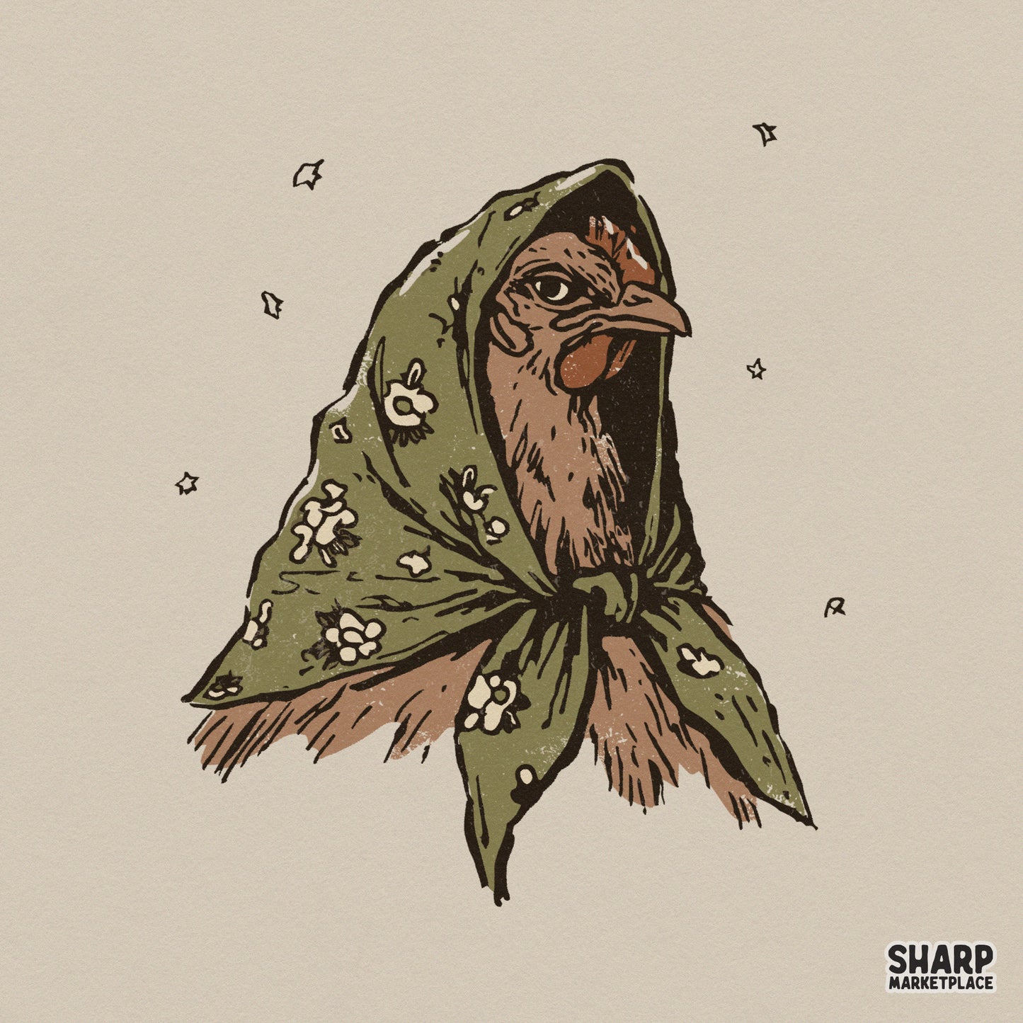 Vintage style illustration of a hen wearing a green floral headscarf with white flowers and scattered star accents for cottagecore apparel designs.