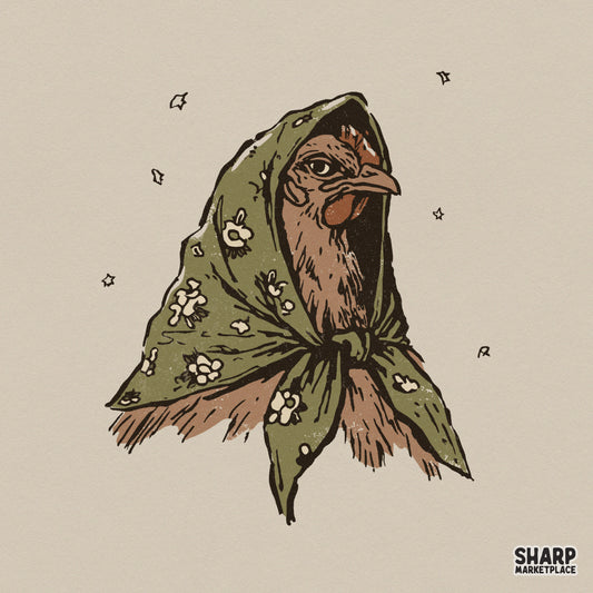Vintage style illustration of a hen wearing a green floral headscarf with white flowers and scattered star accents for cottagecore apparel designs.