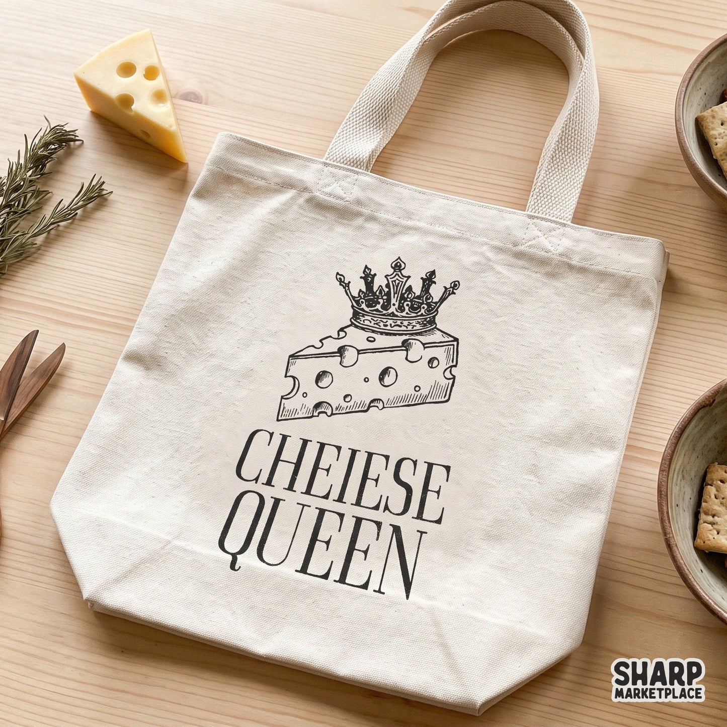 Funny Cheese Queen design featuring a Swiss cheese slice with a crown for sarcastic foodie t-shirts and digital crafts