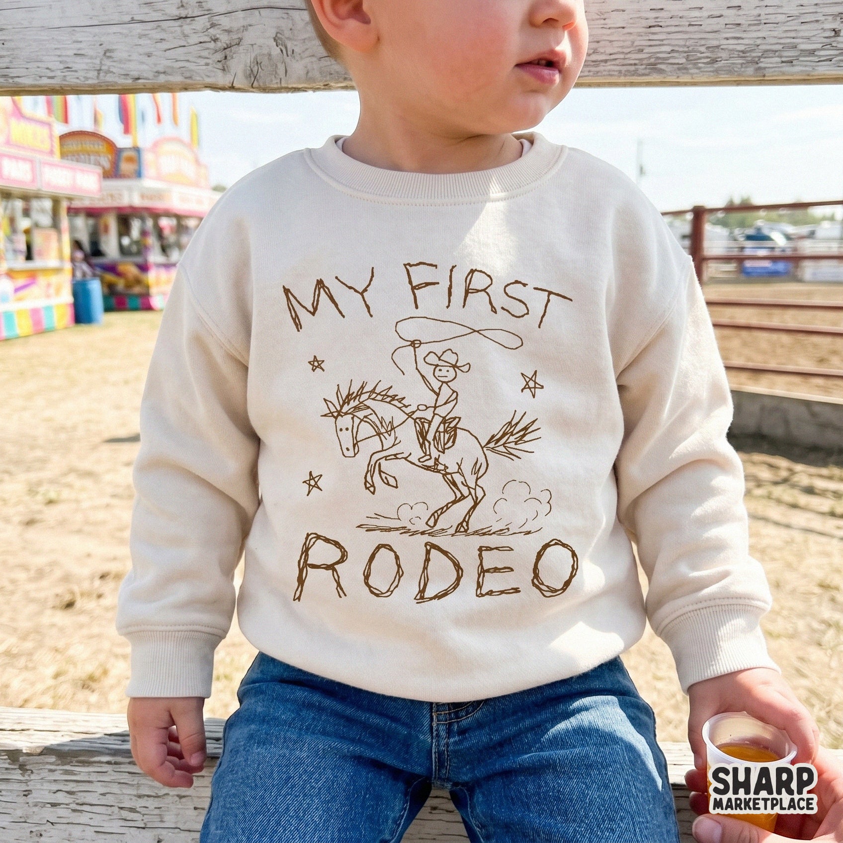 Trendy My First Rodeo digital design featuring a rustic stick-figure cowboy and horse sketch, ideal for sublimation on children's shirts or hoodies.
