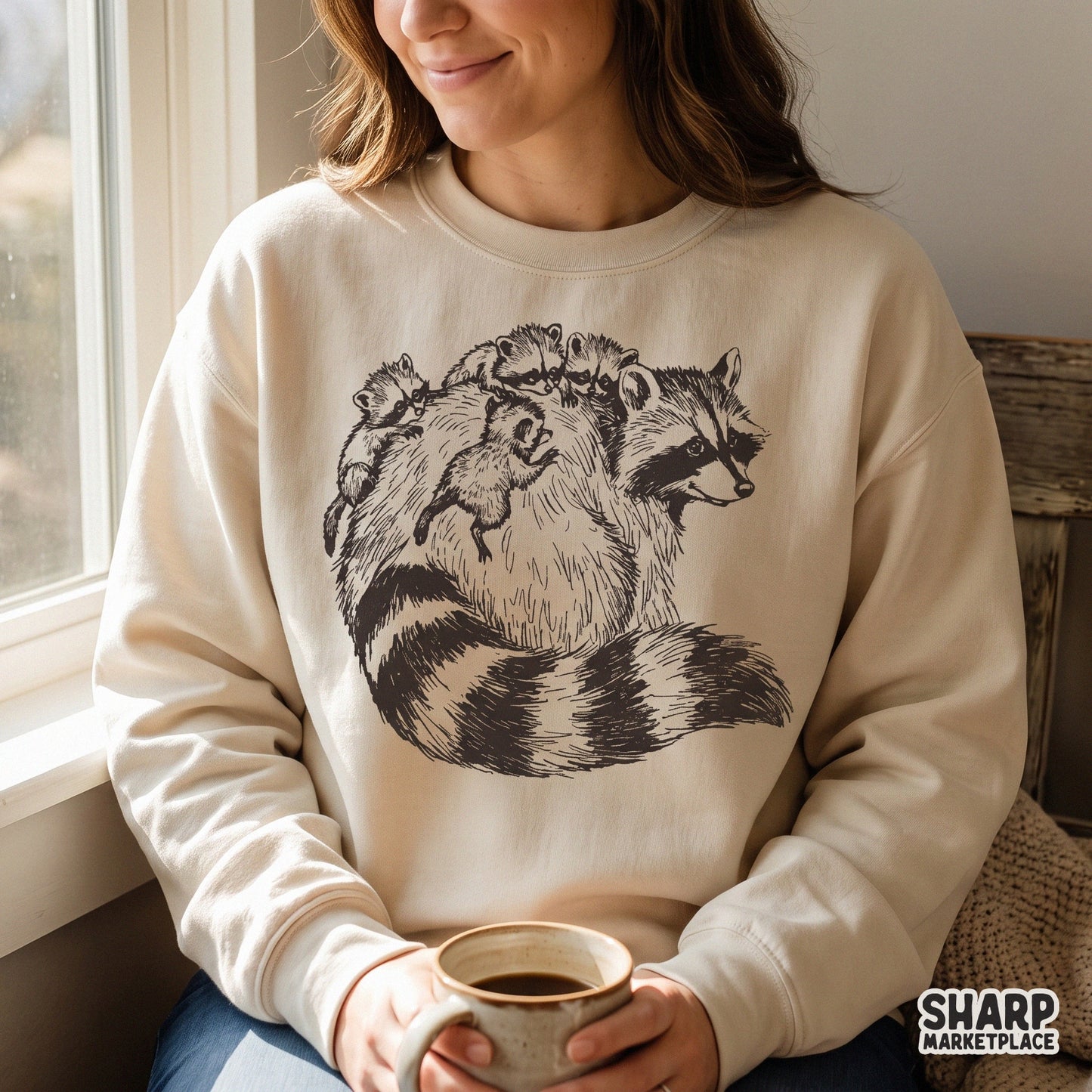 Vintage mama raccoon with four babies on her back digital PNG for animal lover t-shirts and Mothers Day gifts