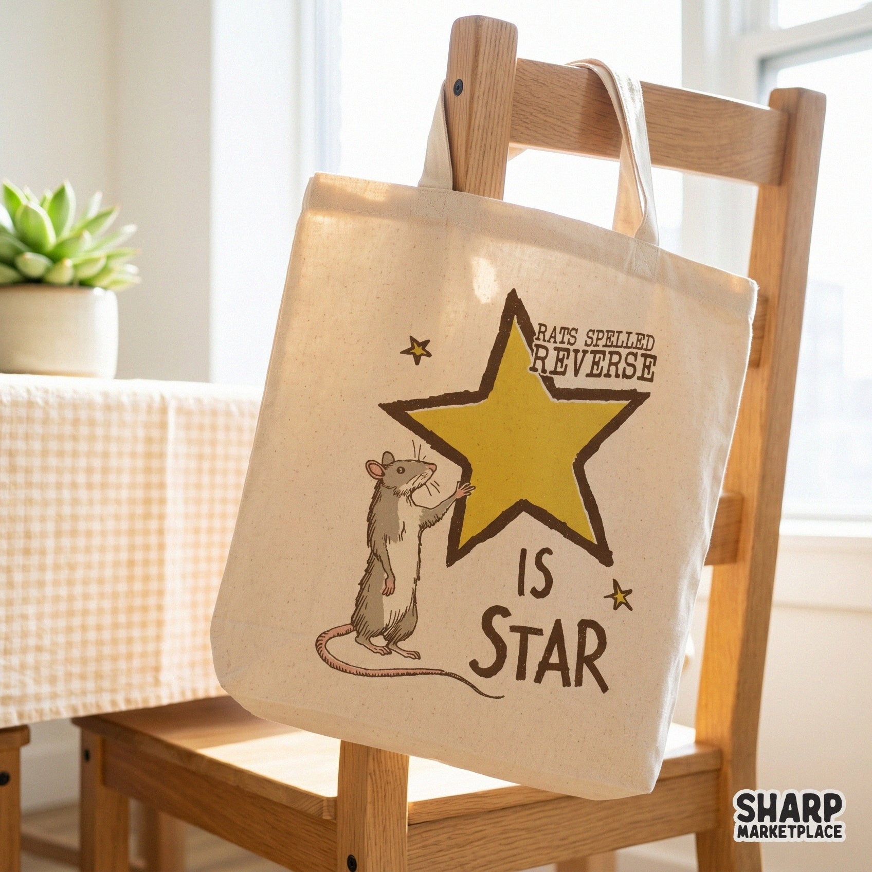 Whimsical rodent graphic with a large yellow star and the text Rats Spelled Reverse Is Star, designed for custom apparel, tumblers, and DIY gifts.