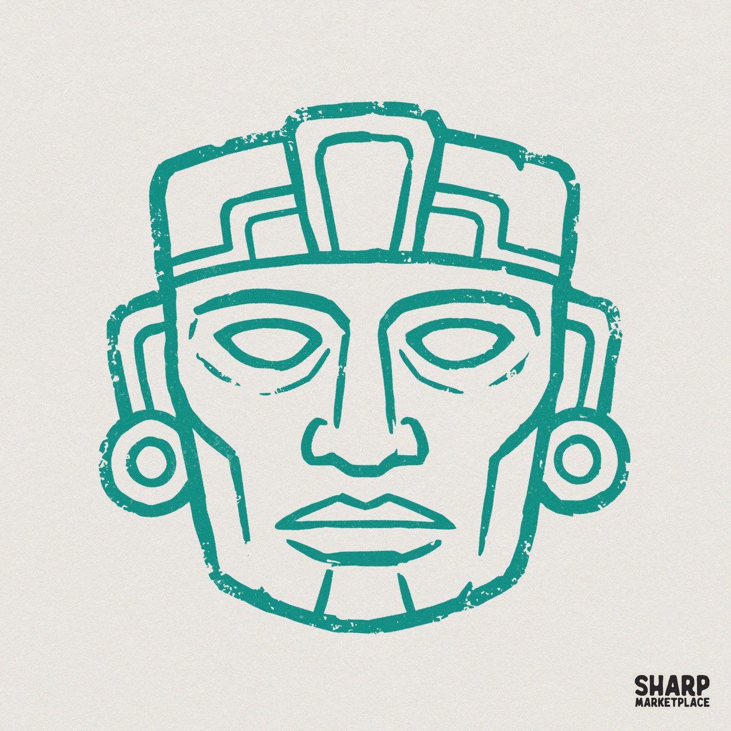 Teal distressed Aztec tribal mask digital design with a ceremonial headdress and ear spools on a light background for apparel and wall art.