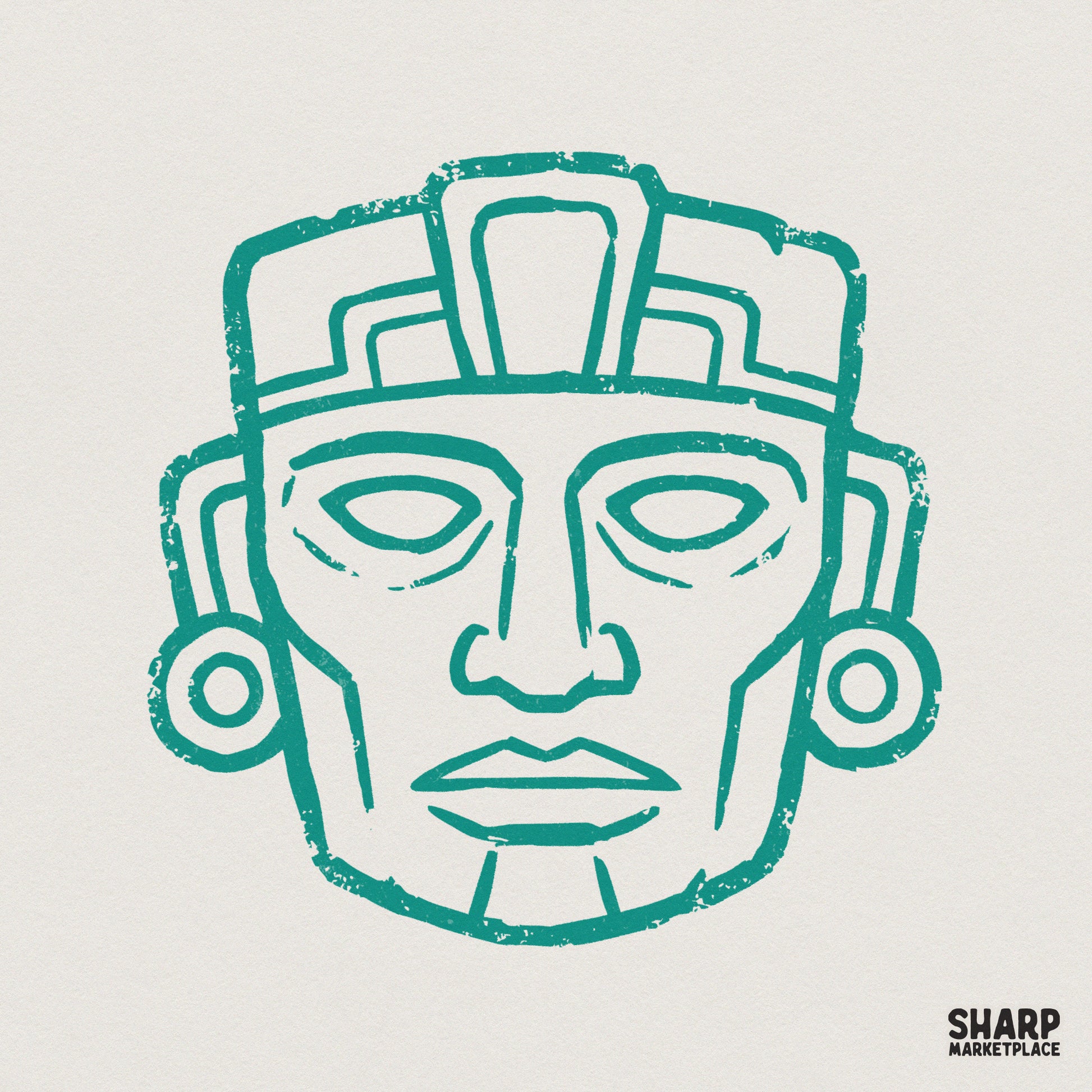 Teal distressed Aztec tribal mask digital design with a ceremonial headdress and ear spools on a light background for apparel and wall art.