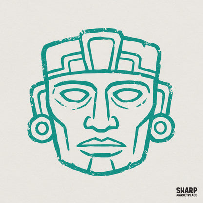 Teal distressed Aztec tribal mask digital design with a ceremonial headdress and ear spools on a light background for apparel and wall art.